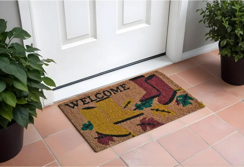 18" X 30" Brown and Red Coir Leaves Welcome Outdoor Spring Door Mat - NOBLE HOME INTERIORS