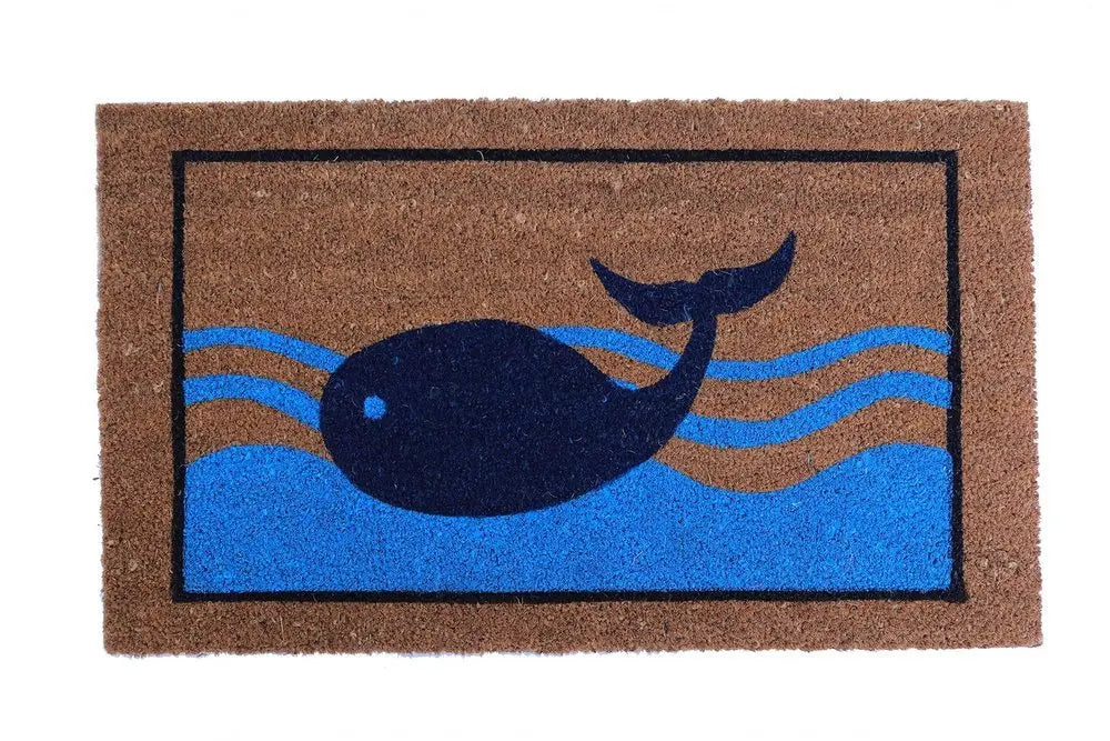 18" X 30" Brown Blue And Red Coir Whale Outdoor Door Mat - NOBLE HOME INTERIORS