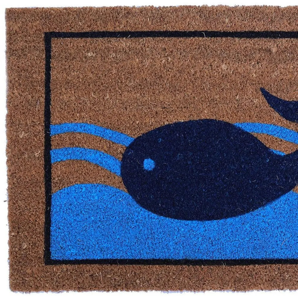 18" X 30" Brown Blue And Red Coir Whale Outdoor Door Mat - NOBLE HOME INTERIORS