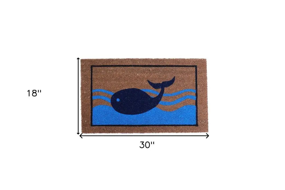 18" X 30" Brown Blue And Red Coir Whale Outdoor Door Mat - NOBLE HOME INTERIORS