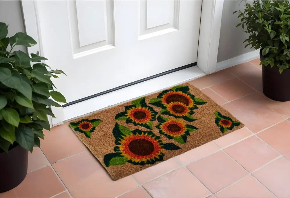 18" X 30" Brown Orange and Yellow Coir Floral Outdoor Summer Door Mat - NOBLE HOME INTERIORS