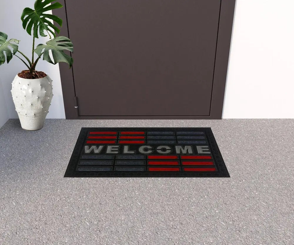 18" X 30" Gray and Red Synthetic Fiber Abstract Outdoor Door Mat - NOBLE HOME INTERIORS
