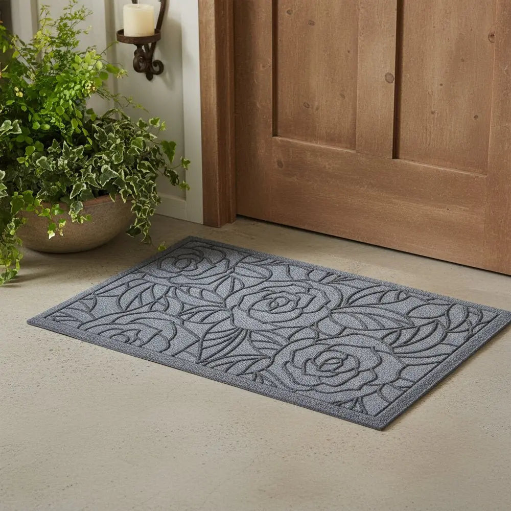 18" X 30" Gray Floral Outdoor Polypropylene Door Mat - NOBLE HOME INTERIORS