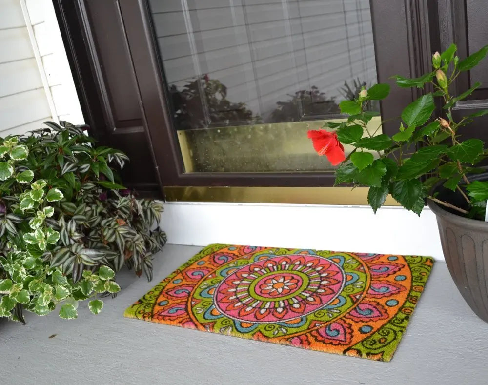 18" X 30" Green and Pink Coir Abstract Outdoor Door Mat - NOBLE HOME INTERIORS