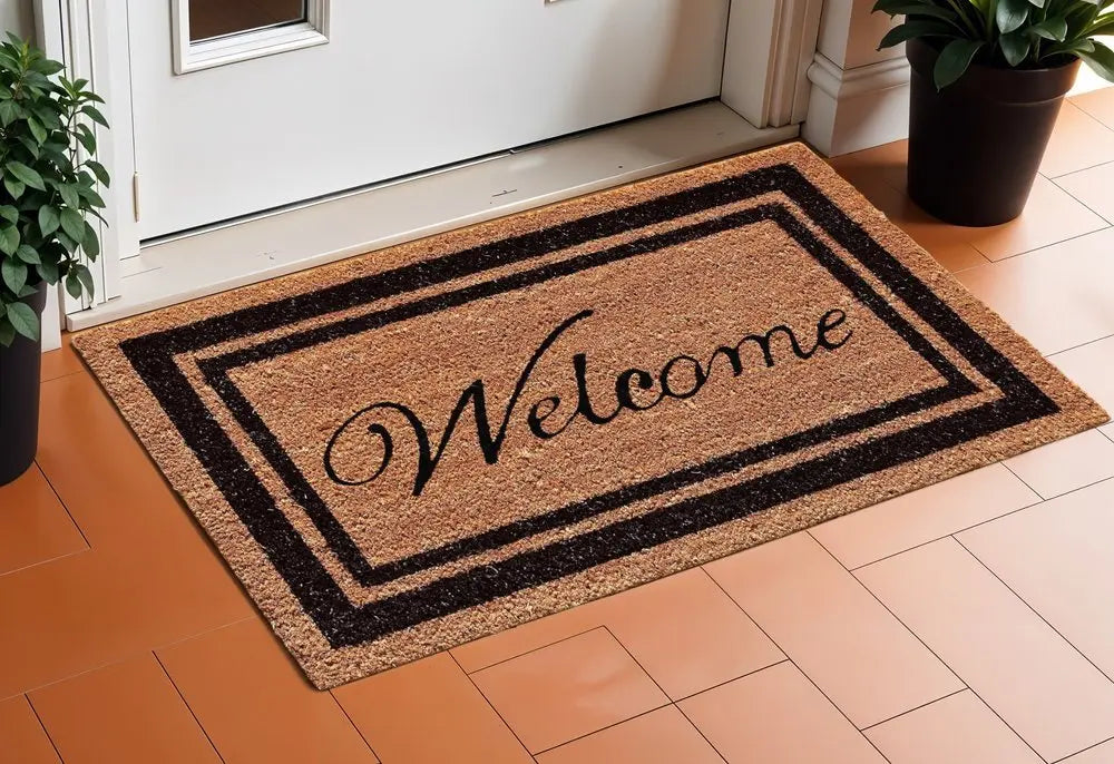 18" X 30" Natural And Black Striped Border Welcome Outdoor Coir Door Mat - NOBLE HOME INTERIORS