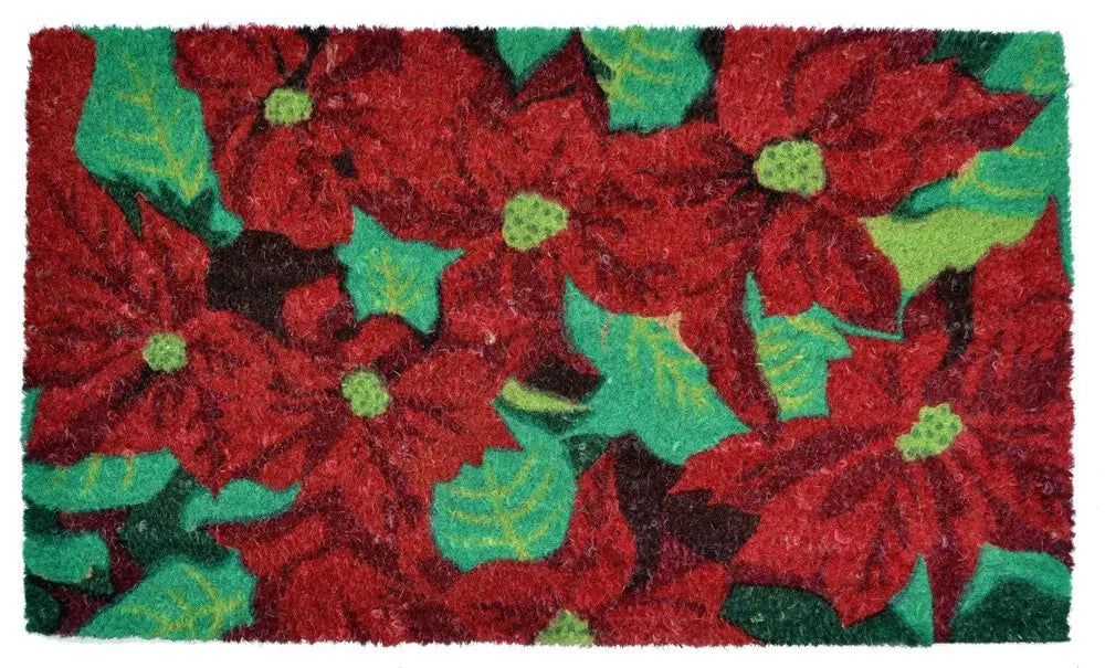 18" X 30" Red and Green Coir Poinsettia Outdoor Christmas Door Mat - NOBLE HOME INTERIORS