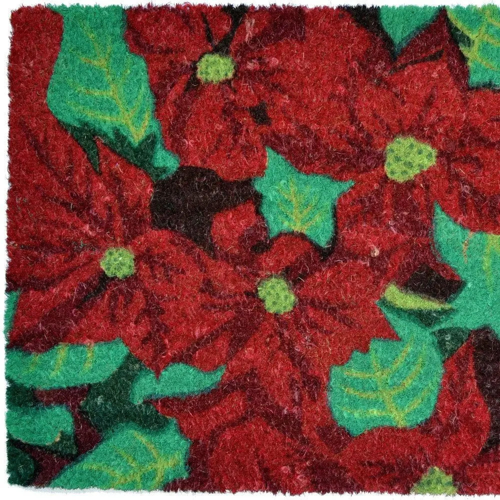 18" X 30" Red and Green Coir Poinsettia Outdoor Christmas Door Mat - NOBLE HOME INTERIORS