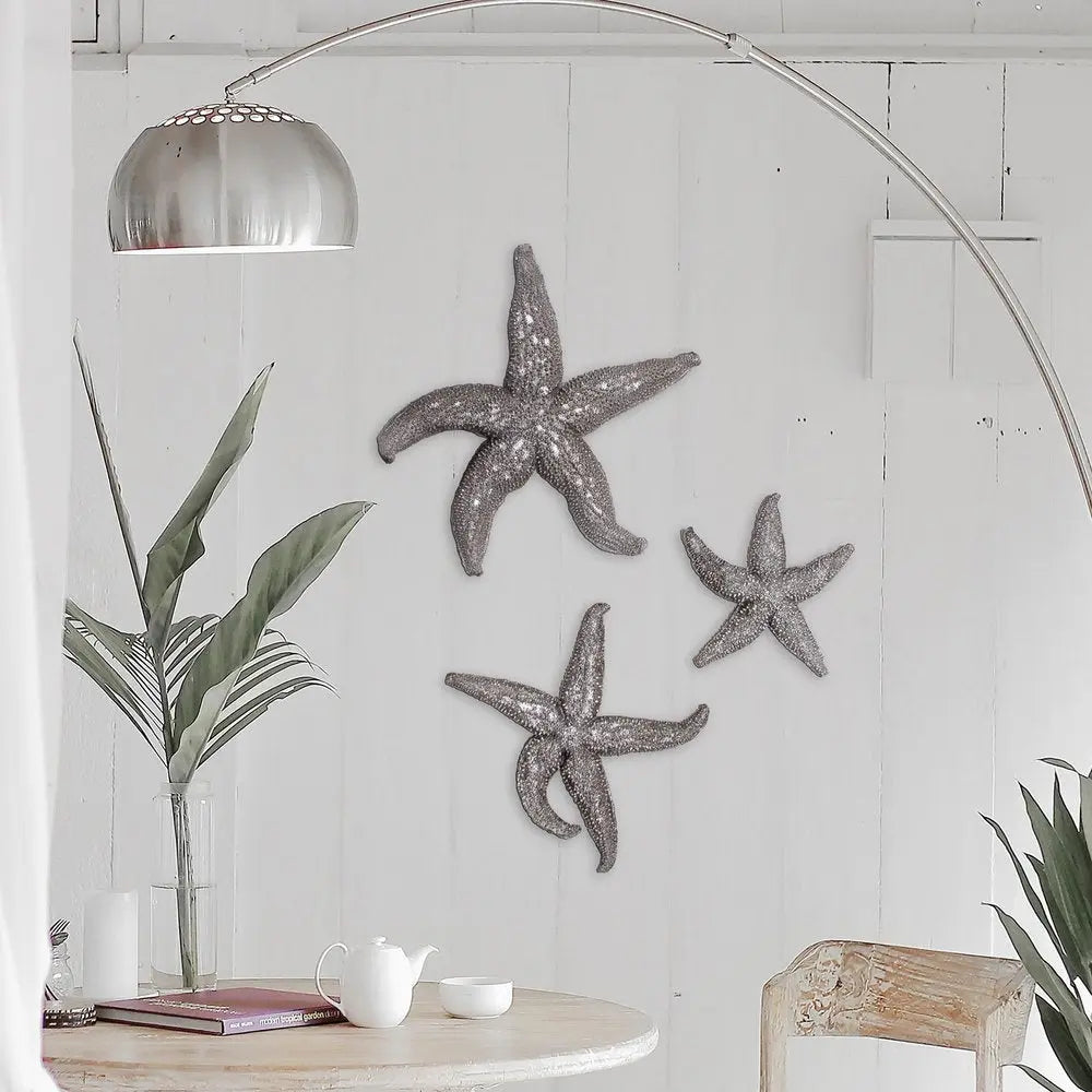 19" Antiqued Silver Resin Starfish Hanging Dimensional Sculpture - NOBLE HOME INTERIORS