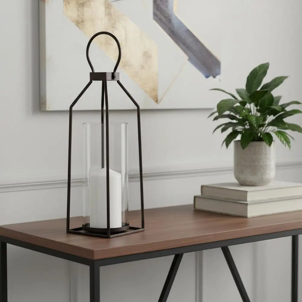 19" Black Distressed Geometric Metal And Glass Tabletop Lantern Candle Holder HomeRoots