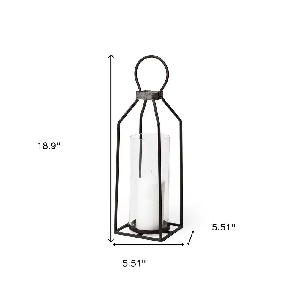 19" Black Distressed Geometric Metal And Glass Tabletop Lantern Candle Holder HomeRoots