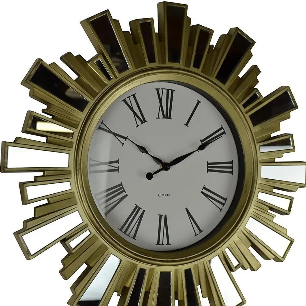 19" Gold And Clear Mirrored Glass And Heavy Duty Plastic Silent Analog Sunburst Wall Clock - NOBLE HOME INTERIORS