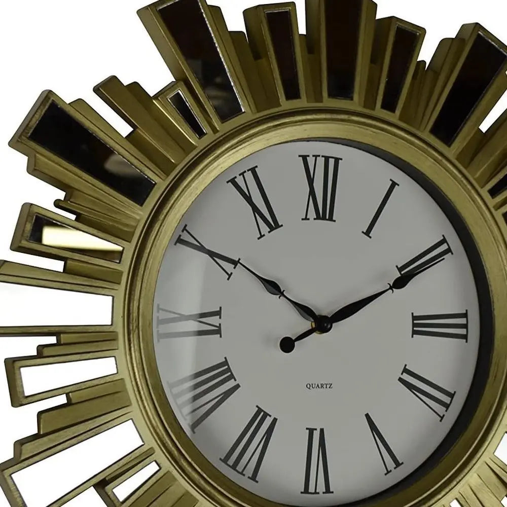 19" Gold And Clear Mirrored Glass And Heavy Duty Plastic Silent Analog Sunburst Wall Clock - NOBLE HOME INTERIORS