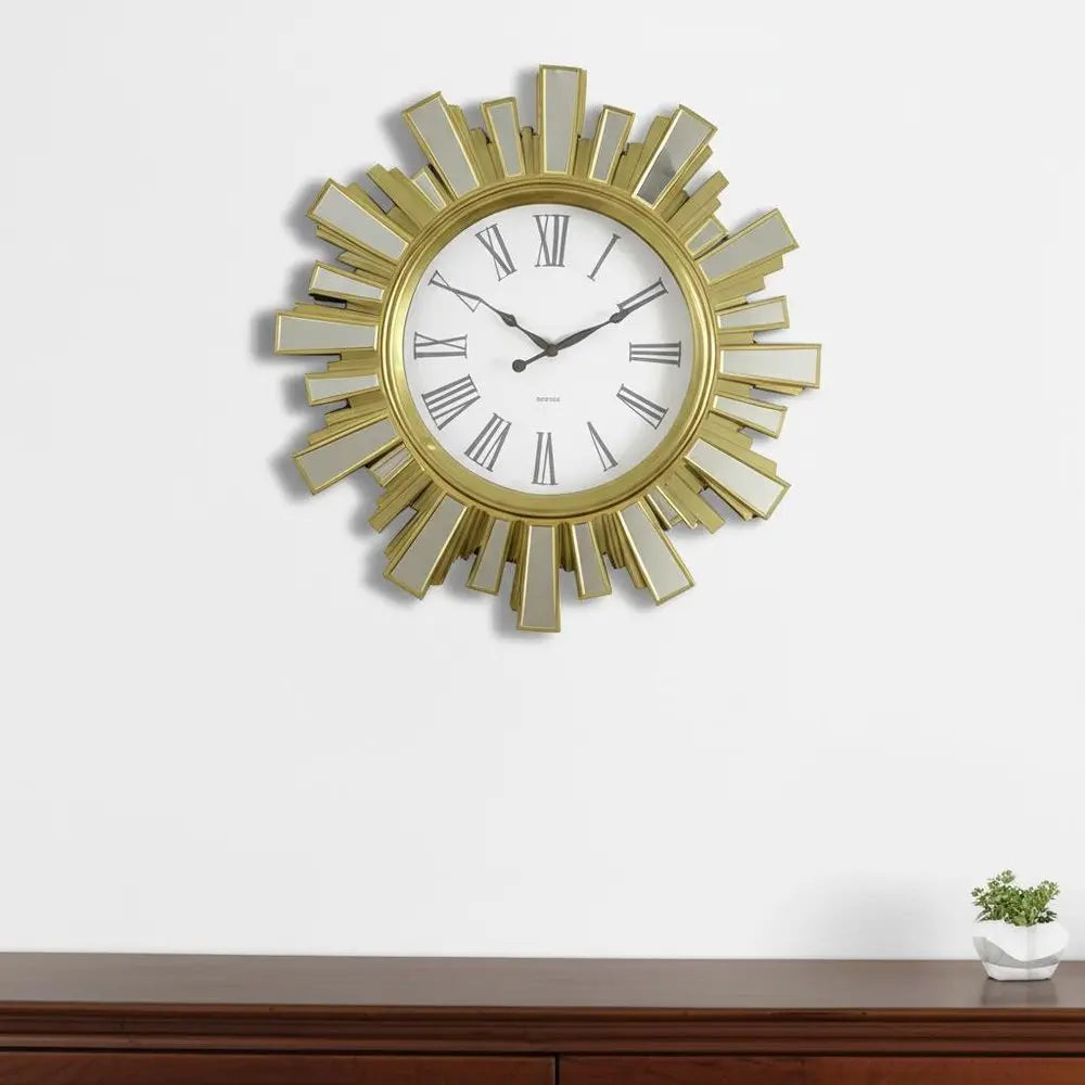 19" Gold And Clear Mirrored Glass And Heavy Duty Plastic Silent Analog Sunburst Wall Clock - NOBLE HOME INTERIORS
