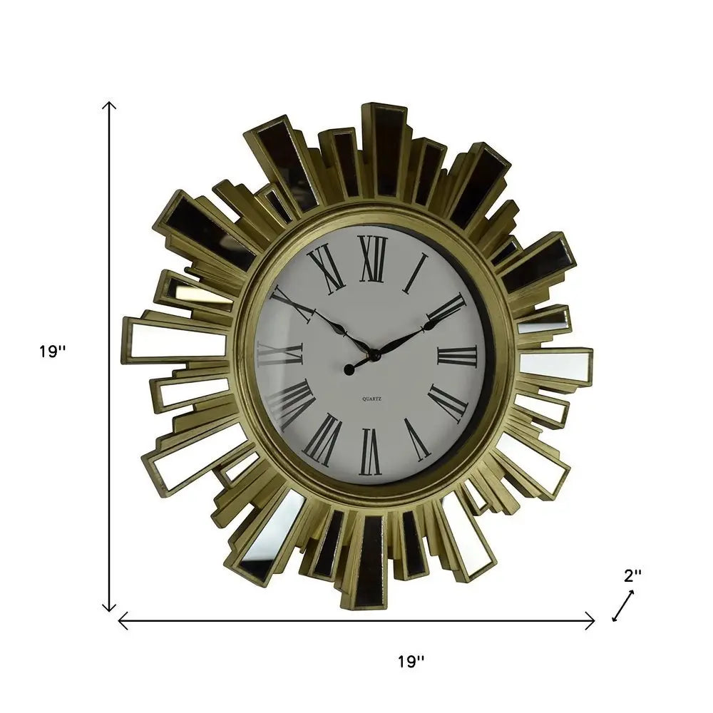 19" Gold And Clear Mirrored Glass And Heavy Duty Plastic Silent Analog Sunburst Wall Clock - NOBLE HOME INTERIORS
