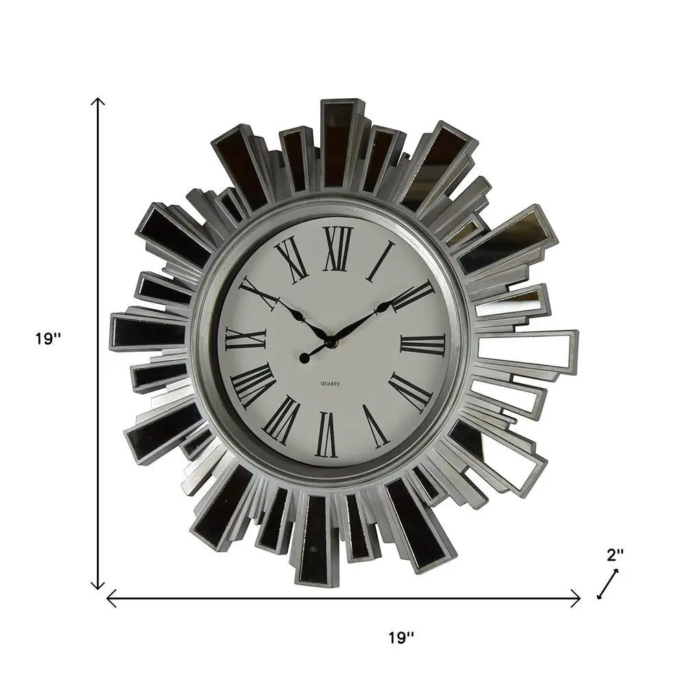 19" Silver And Clear Mirrored Glass And Heavy Duty Plastic Silent Analog Sunburst Wall Clock - NOBLE HOME INTERIORS