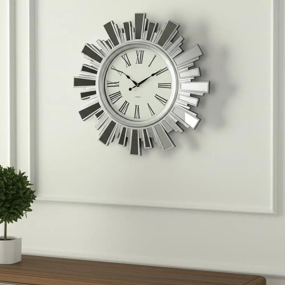 19" Silver And Clear Mirrored Glass And Heavy Duty Plastic Silent Analog Sunburst Wall Clock - NOBLE HOME INTERIORS