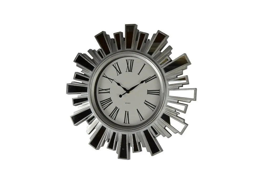 19" Silver And Clear Mirrored Glass And Heavy Duty Plastic Silent Analog Sunburst Wall Clock - NOBLE HOME INTERIORS