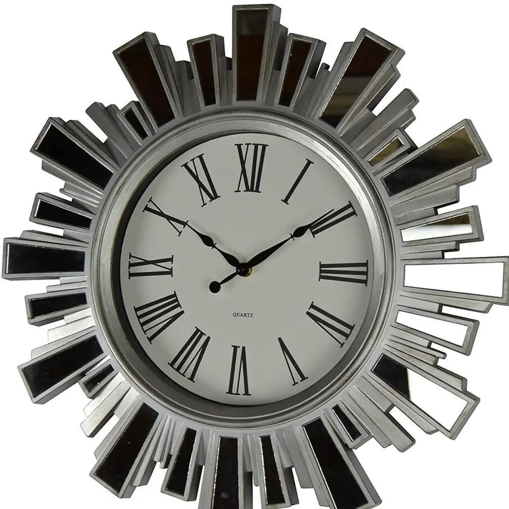 19" Silver And Clear Mirrored Glass And Heavy Duty Plastic Silent Analog Sunburst Wall Clock - NOBLE HOME INTERIORS