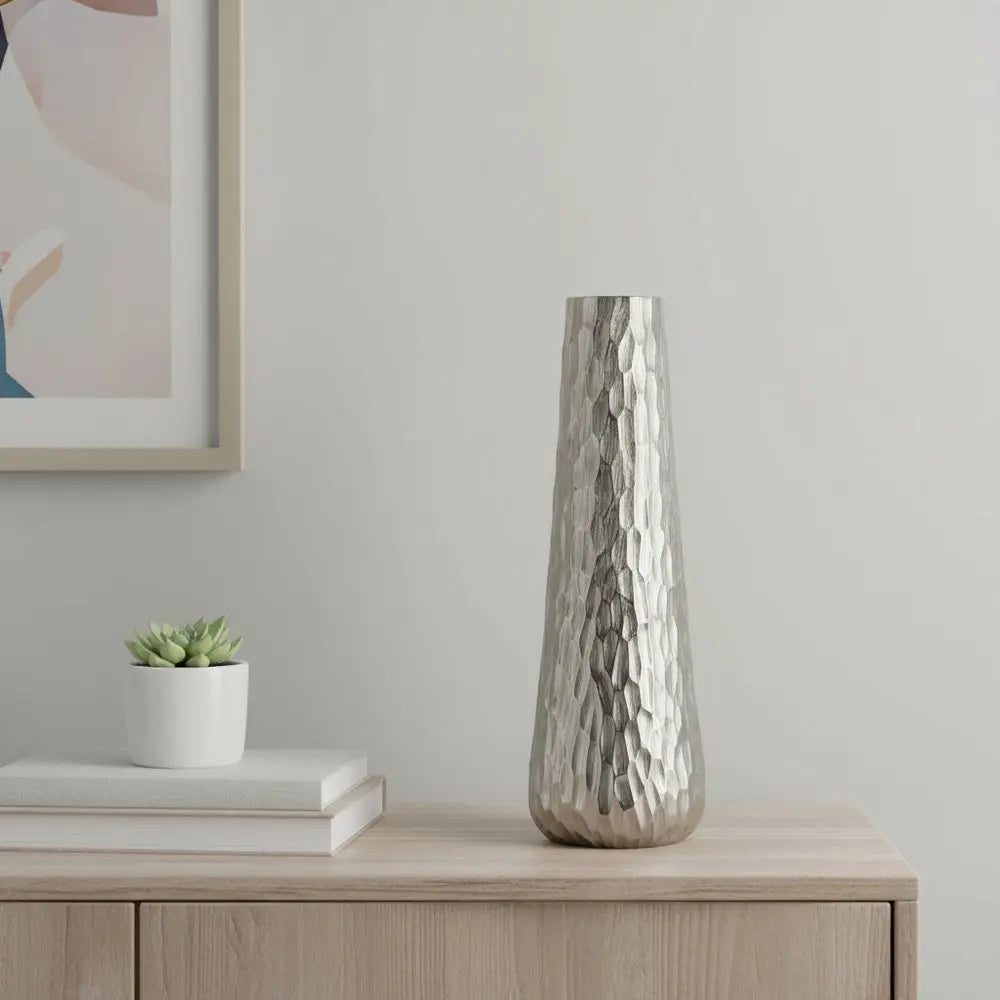 19" Silver Cast Aluminum Carved Geometric Table Vase - NOBLE HOME INTERIORS