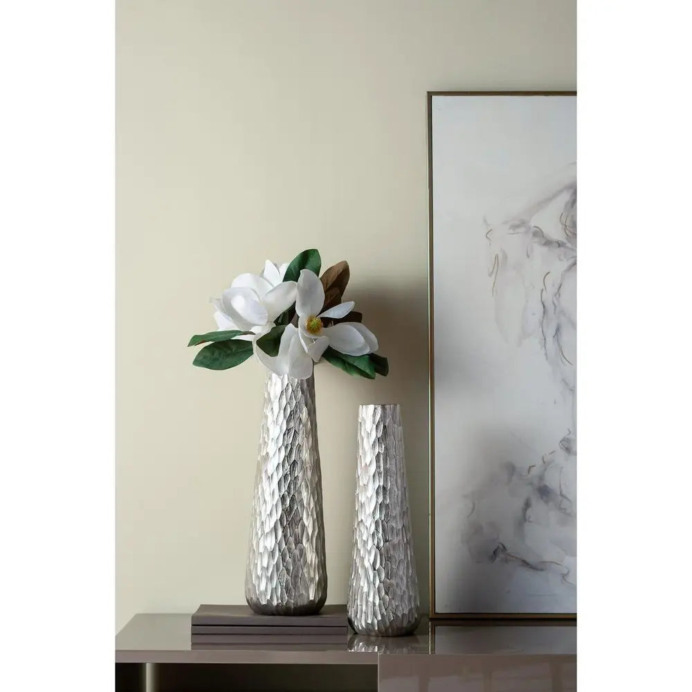 19" Silver Cast Aluminum Carved Geometric Table Vase - NOBLE HOME INTERIORS