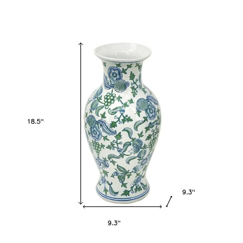 19" White Blue And Green Floral Urn Porcelain Table Vase - NOBLE HOME INTERIORS