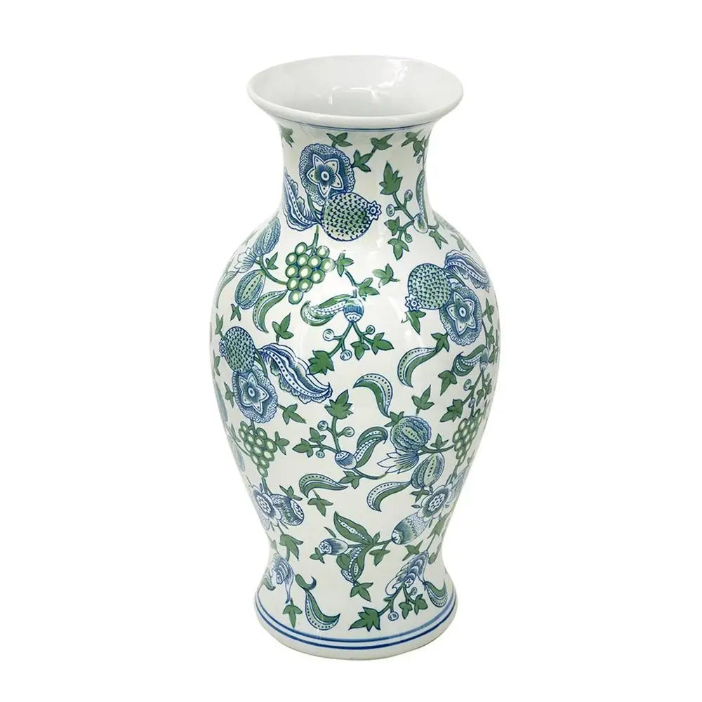 19" White Blue And Green Floral Urn Porcelain Table Vase - NOBLE HOME INTERIORS