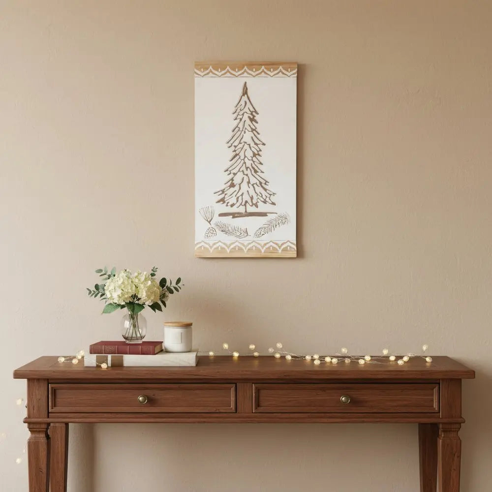19" X 10" Natural And White Wood Christmas Tree Hanging Wall Decor - NOBLE HOME INTERIORS