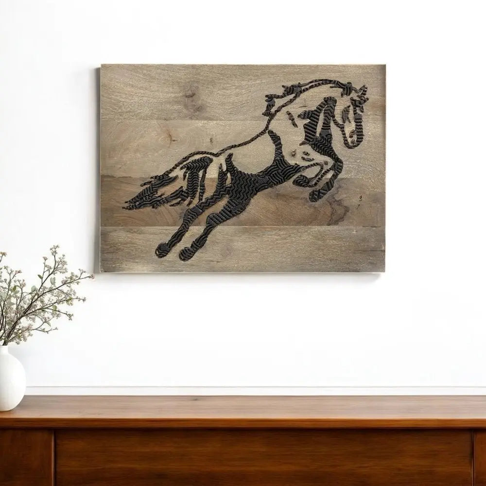 19" X 24" Black And Brown Horse Solid Wood Hanging Dimensional Sculpture - NOBLE HOME INTERIORS