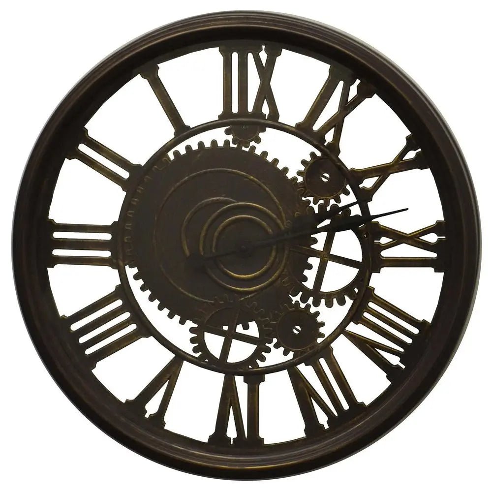 20" Antiqued Gold And Brown Heavy Duty Plastic Silent Skeleton Distressed Exposed Gear Round Wall Clock HomeRoots