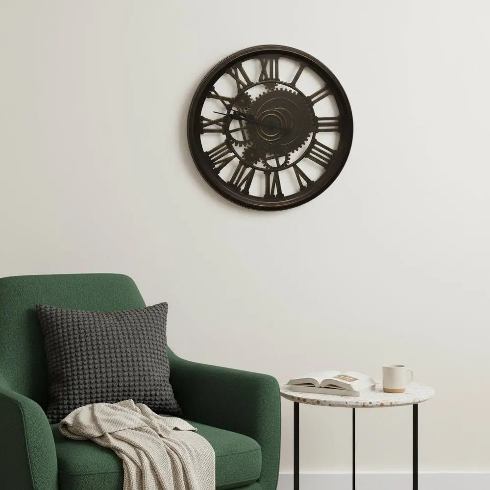 20" Antiqued Gold And Brown Heavy Duty Plastic Silent Skeleton Distressed Exposed Gear Round Wall Clock HomeRoots