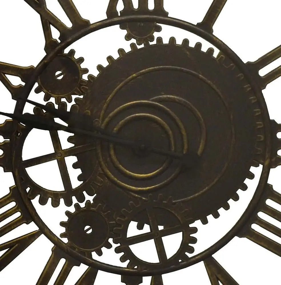 20" Antiqued Gold And Brown Heavy Duty Plastic Silent Skeleton Distressed Exposed Gear Round Wall Clock HomeRoots
