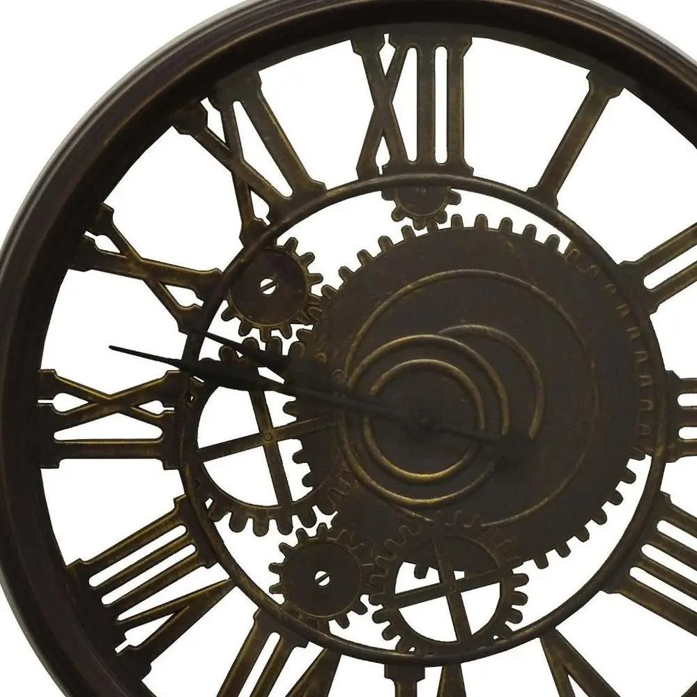 20" Antiqued Gold And Brown Heavy Duty Plastic Silent Skeleton Distressed Exposed Gear Round Wall Clock HomeRoots