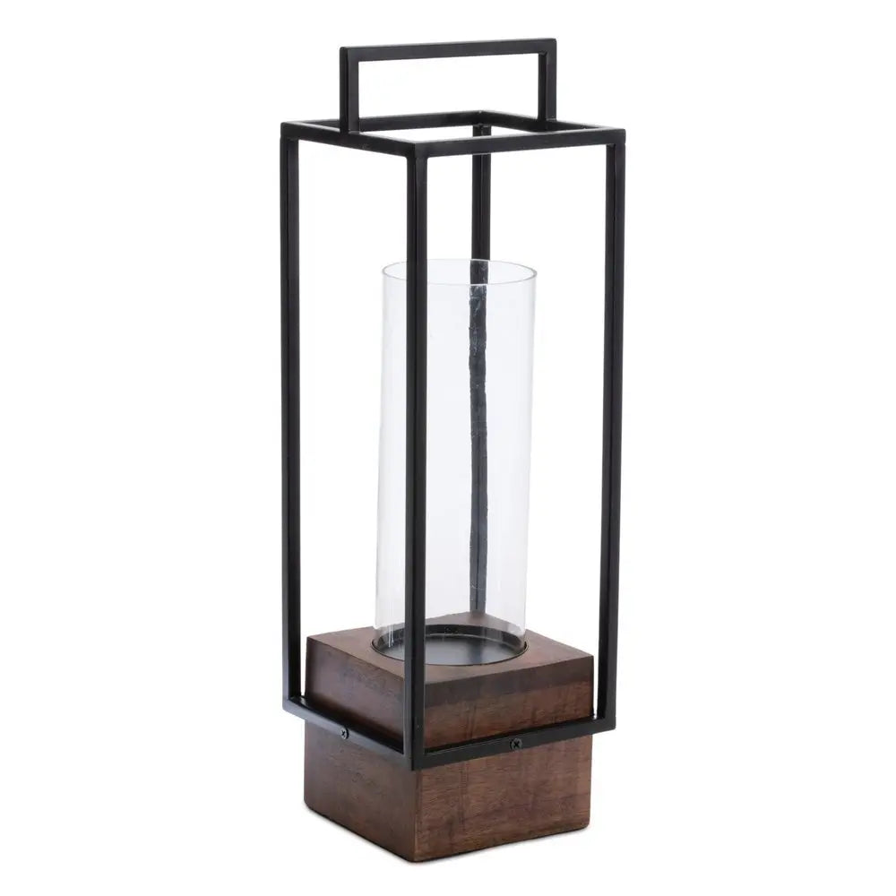 20" Black And Brown Metal And Solid Wood Tabletop Lantern Candle Holder - NOVA HOME FURNITURE