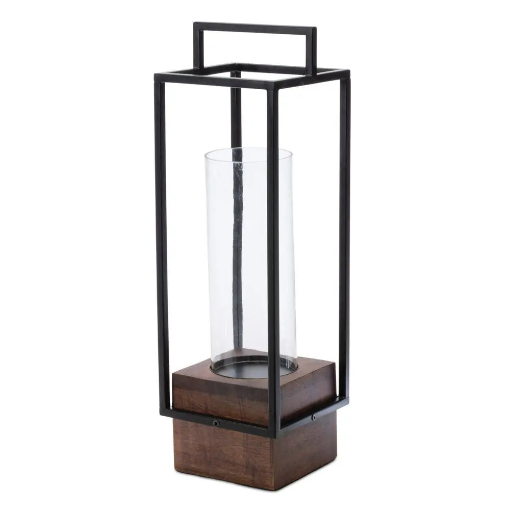 20" Black And Brown Metal And Solid Wood Tabletop Lantern Candle Holder - NOVA HOME FURNITURE