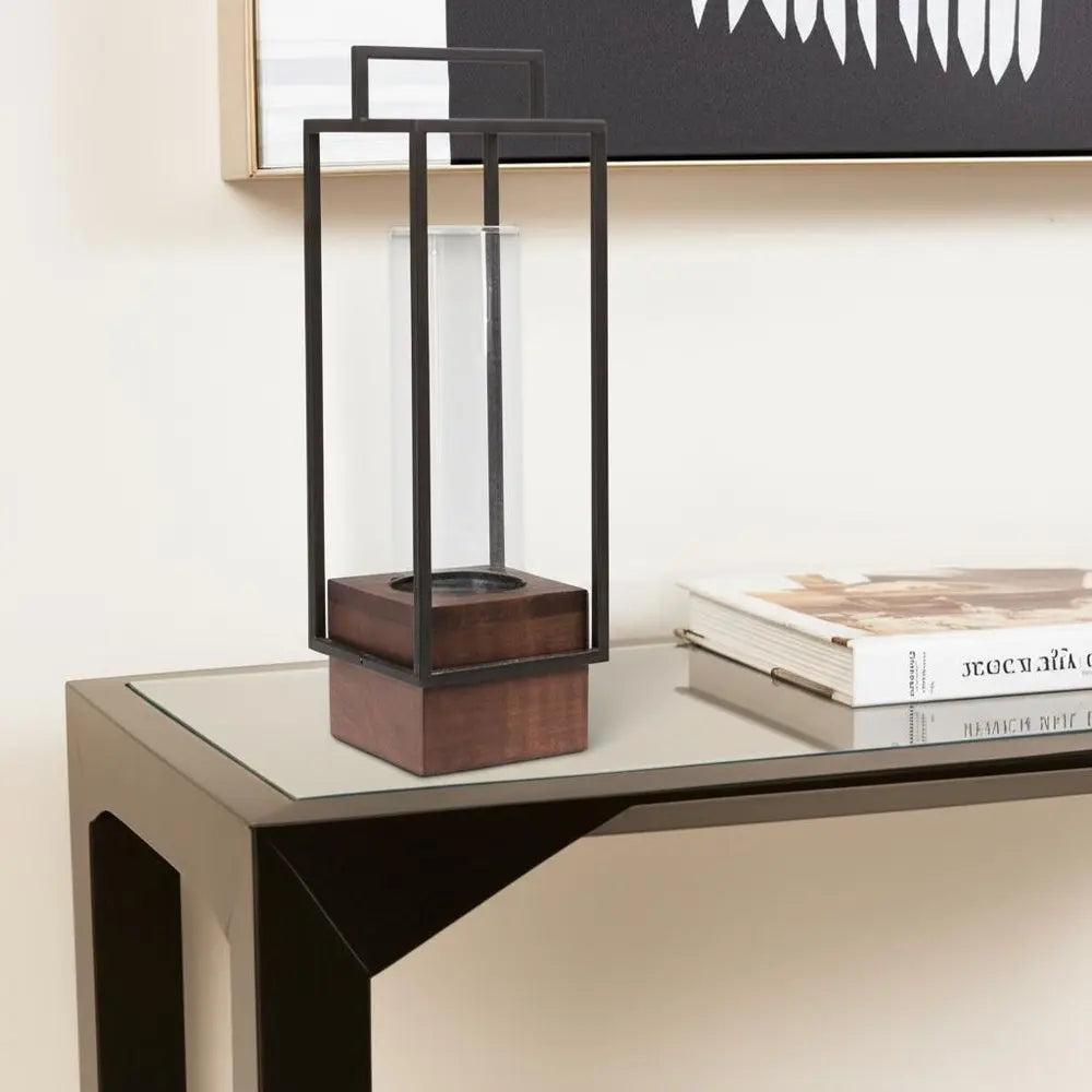 20" Black And Brown Metal And Solid Wood Tabletop Lantern Candle Holder - NOVA HOME FURNITURE