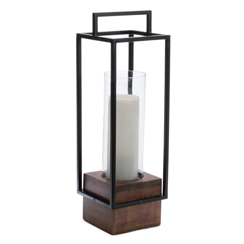 20" Black And Brown Metal And Solid Wood Tabletop Lantern Candle Holder - NOVA HOME FURNITURE