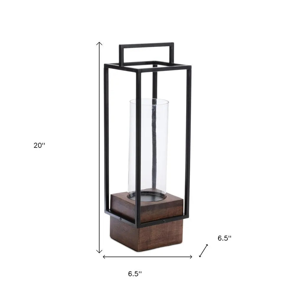 20" Black And Brown Metal And Solid Wood Tabletop Lantern Candle Holder - NOVA HOME FURNITURE