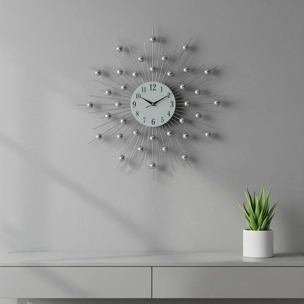 20" Black White And Clear Metal and Glass Silent Analog Sunburst Wall Clock - NOBLE HOME INTERIORS