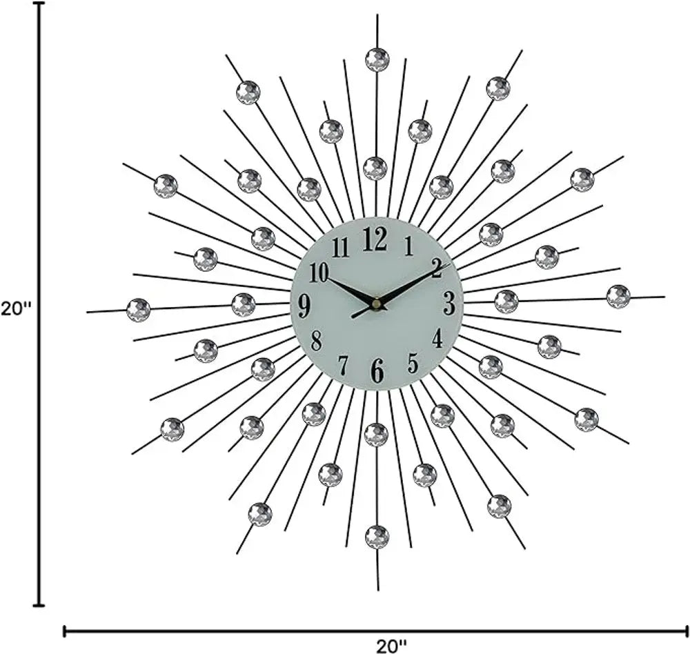 20" Black White And Clear Metal and Glass Silent Analog Sunburst Wall Clock - NOBLE HOME INTERIORS