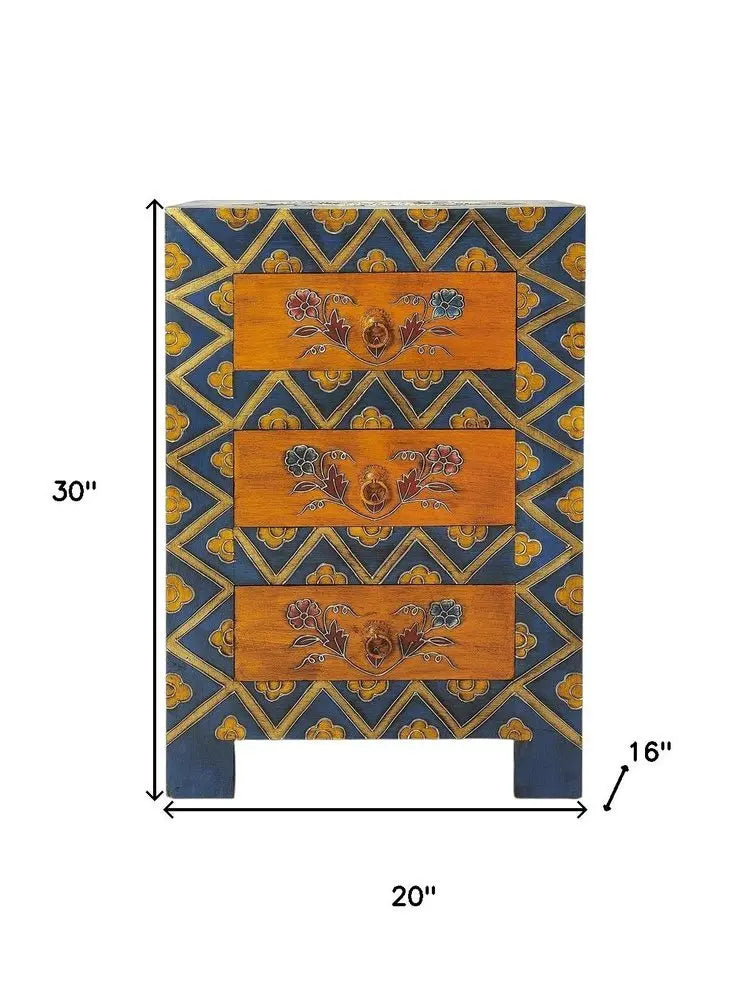 20" Blue and Brown Hand Painted Wood Accent Cabinet With Three Drawers - NOVA HOME FURNITURE