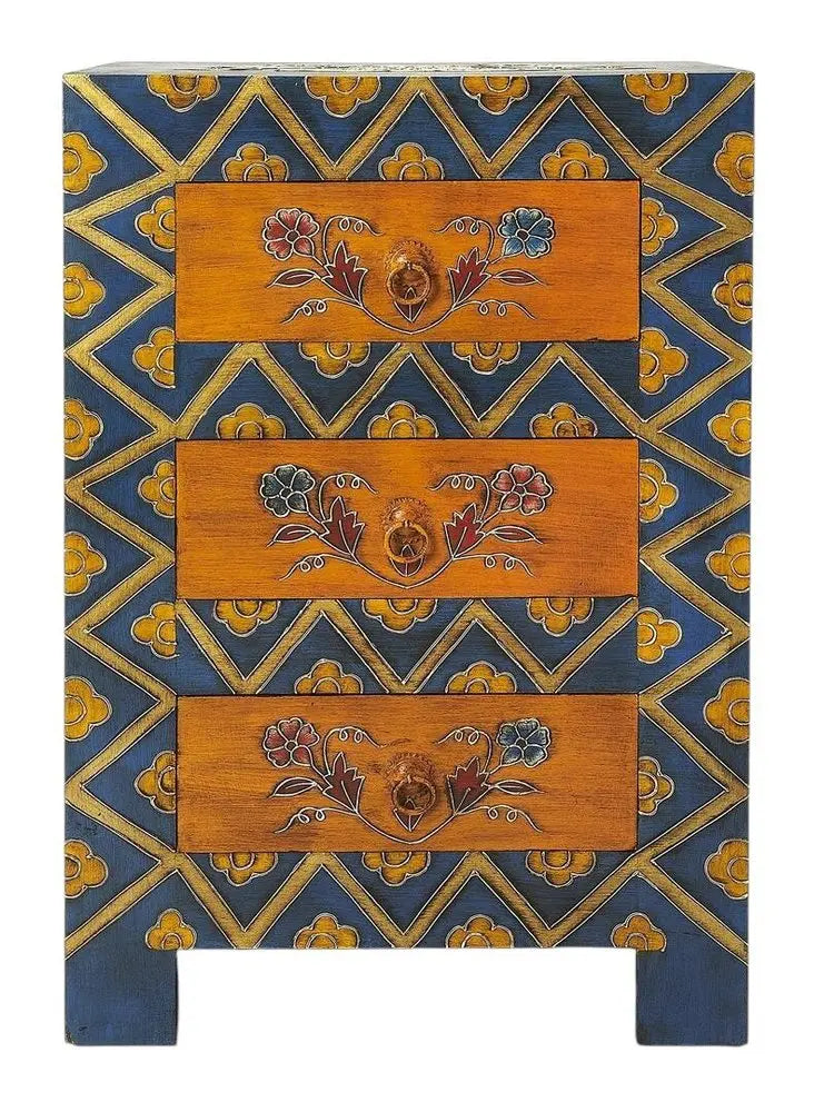 20" Blue and Brown Hand Painted Wood Accent Cabinet With Three Drawers - NOVA HOME FURNITURE