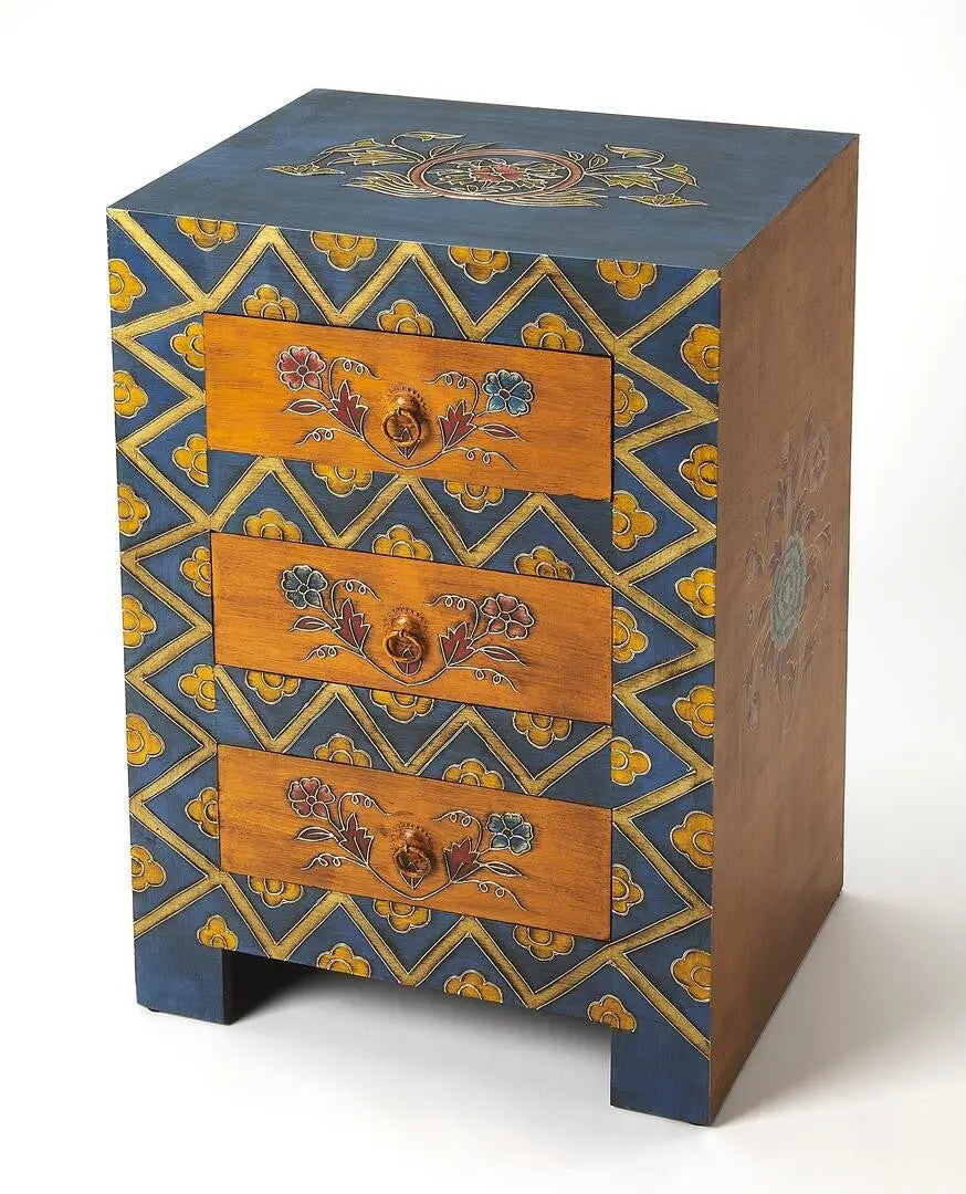 20" Blue and Brown Hand Painted Wood Accent Cabinet With Three Drawers - NOVA HOME FURNITURE