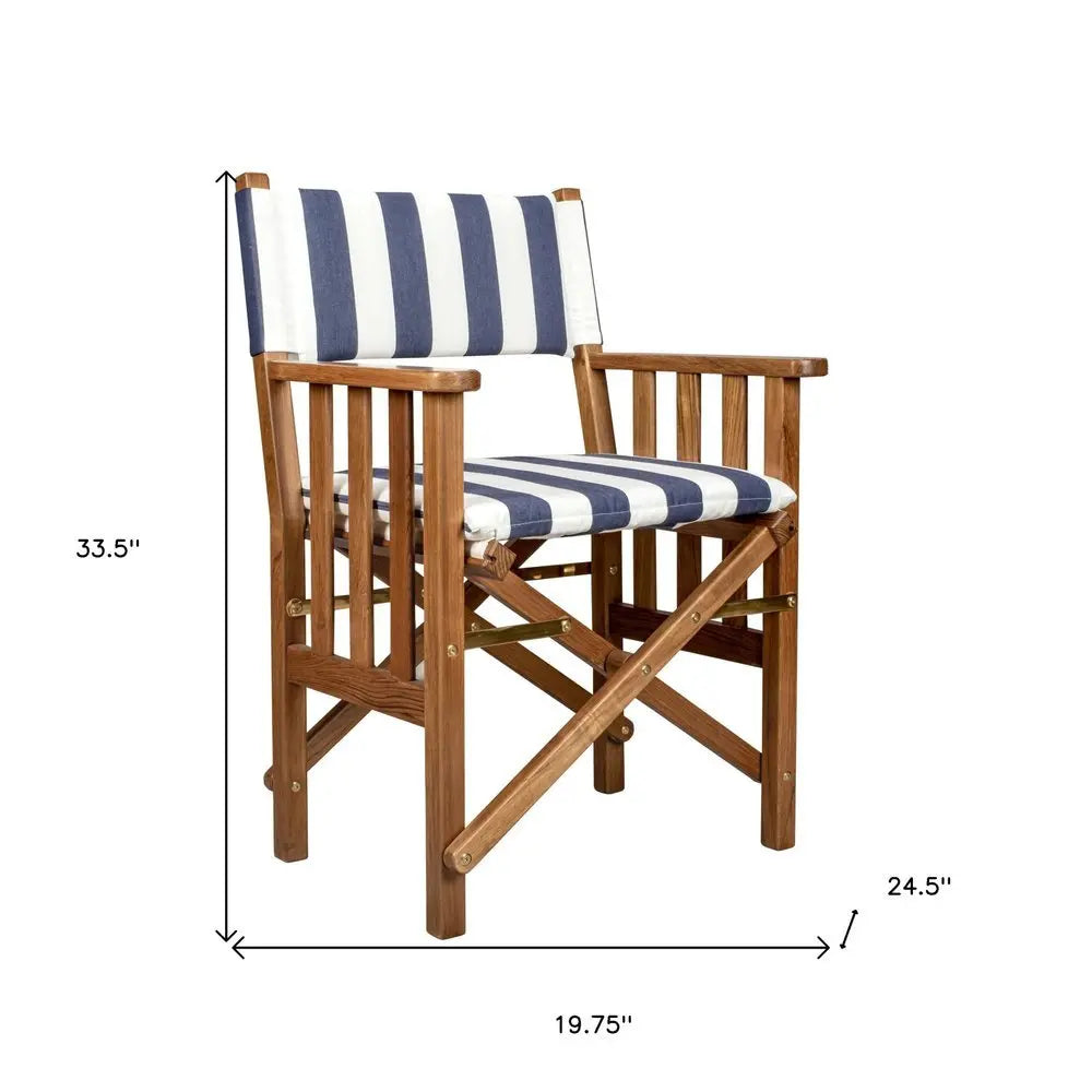 20" Blue and White and Natural Wood Solid Wood Indoor Outdoor Director Chair with Blue and White Cushion - NOBLE HOME INTERIORS