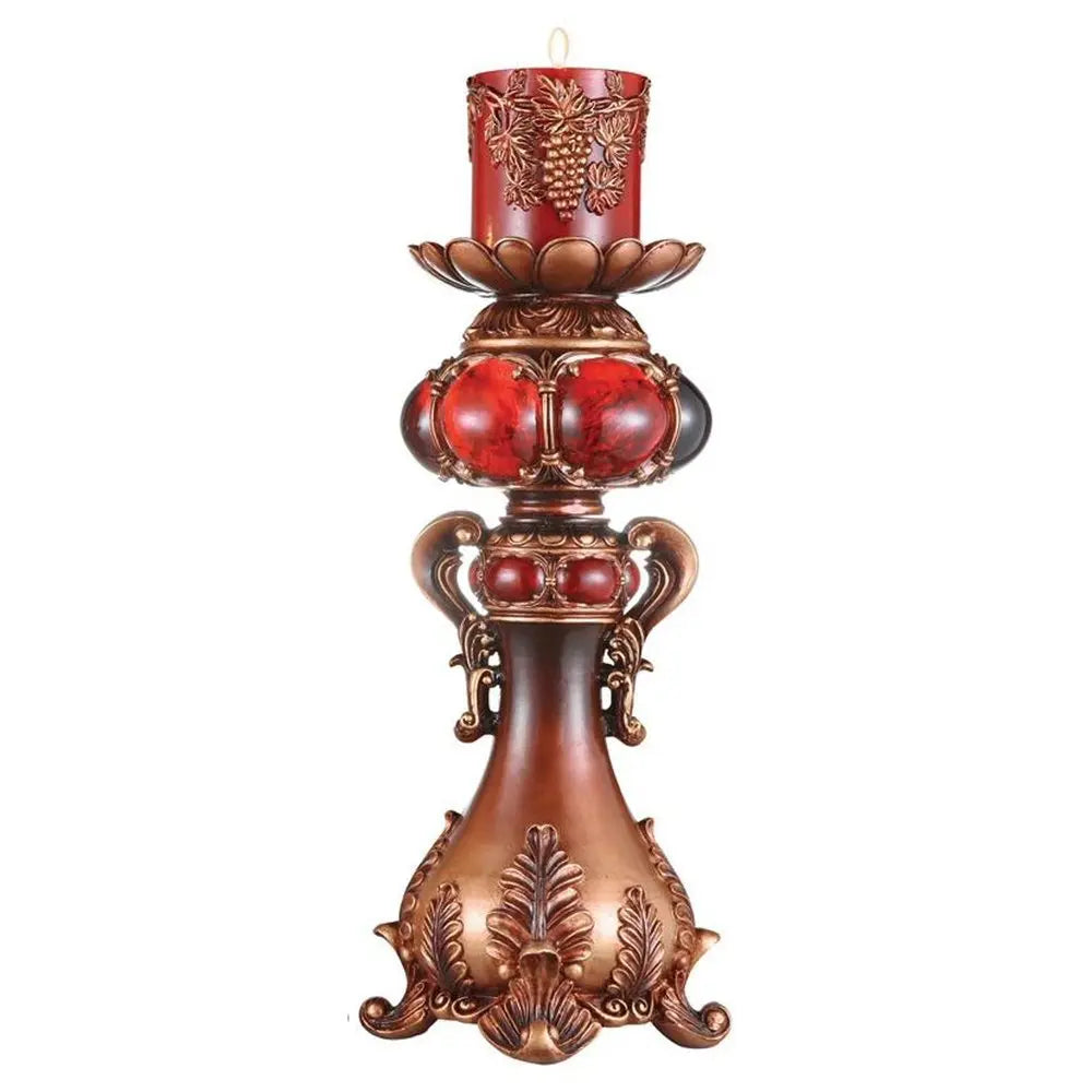 20" Brown and Red Faux Marble Tabletop Candle Holder and Candle - NOBLE HOME INTERIORS