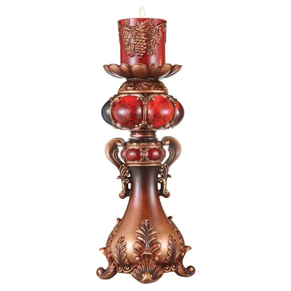 20" Brown and Red Faux Marble Tabletop Candle Holder and Candle - NOBLE HOME INTERIORS
