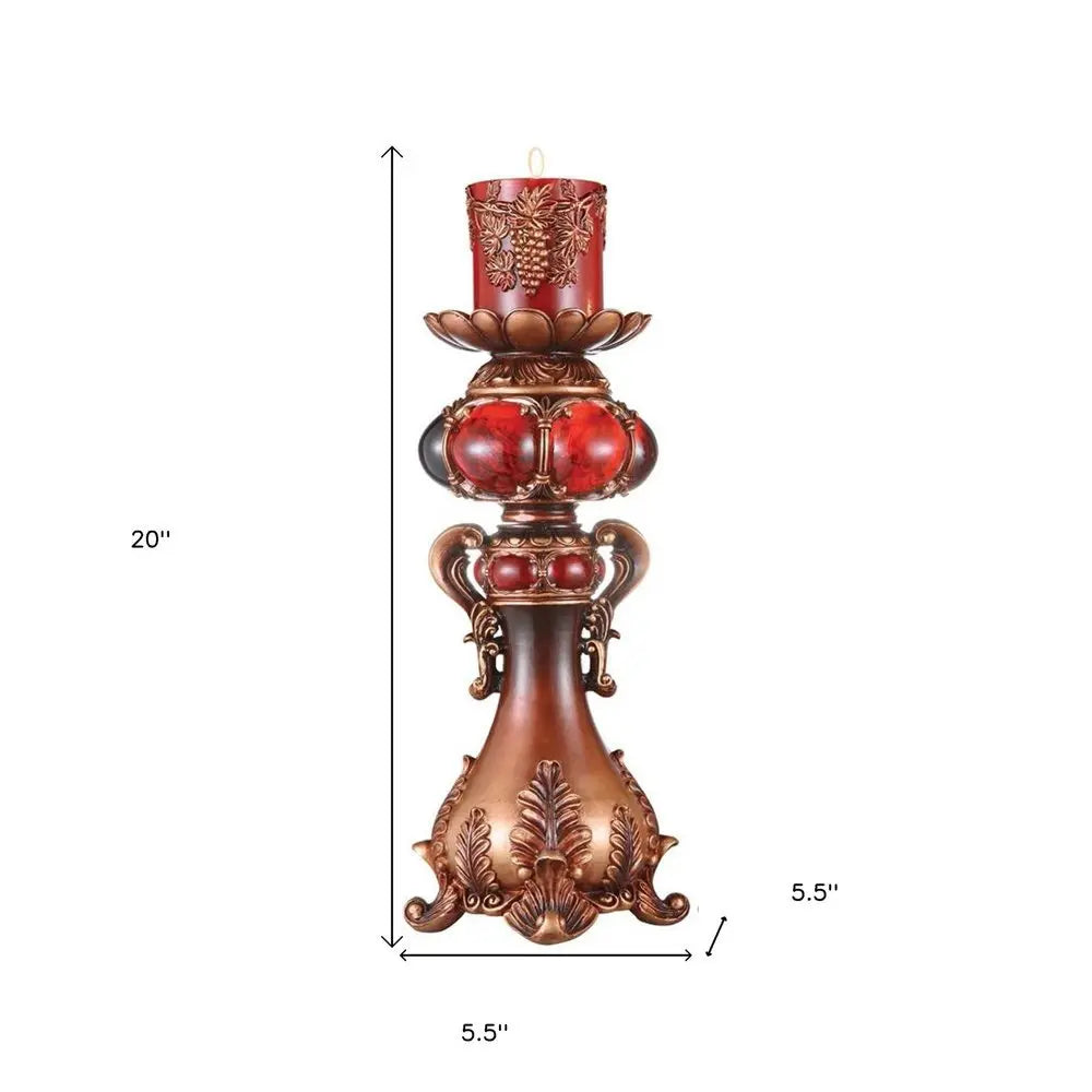 20" Brown and Red Faux Marble Tabletop Candle Holder and Candle - NOBLE HOME INTERIORS