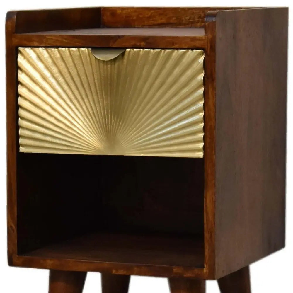 20" Chestnut And Gold Solid Wood Carved Geometric One Drawer Nightstand - NOBLE HOME INTERIORS