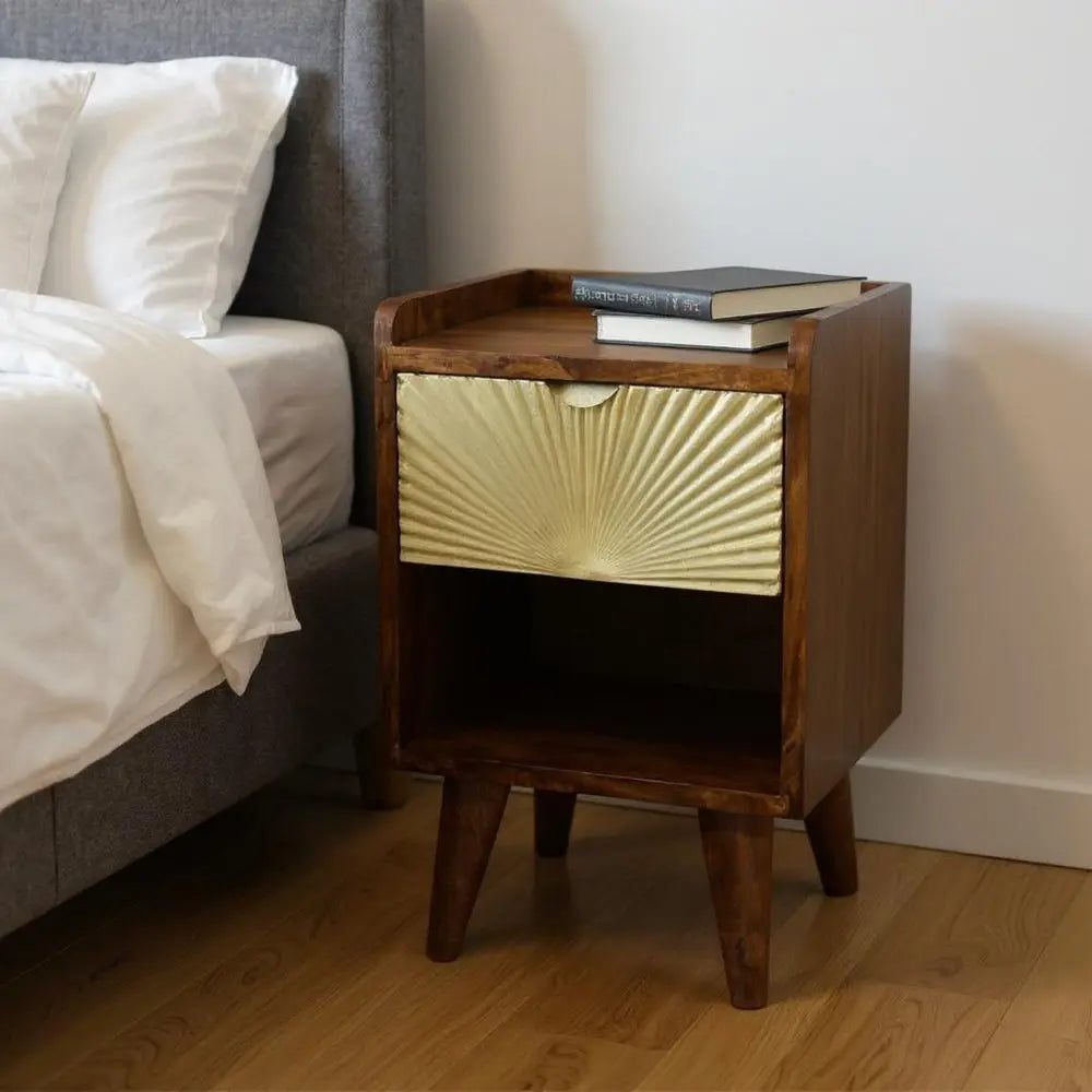 20" Chestnut And Gold Solid Wood Carved Geometric One Drawer Nightstand - NOBLE HOME INTERIORS