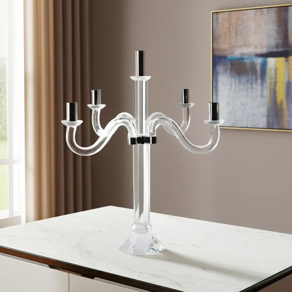 20" Clear And Silver Crystal Tabletop Candelabra Candle Holder - NOBLE HOME INTERIORS