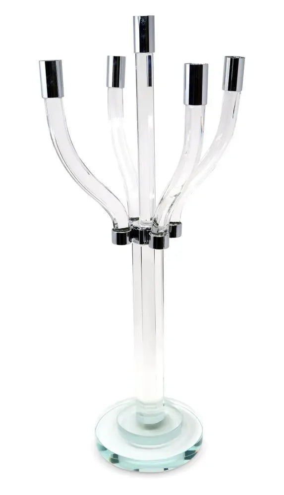 20" Clear And Silver Crystal Tabletop Contempo Candelabra Candle Holder - NOBLE HOME INTERIORS